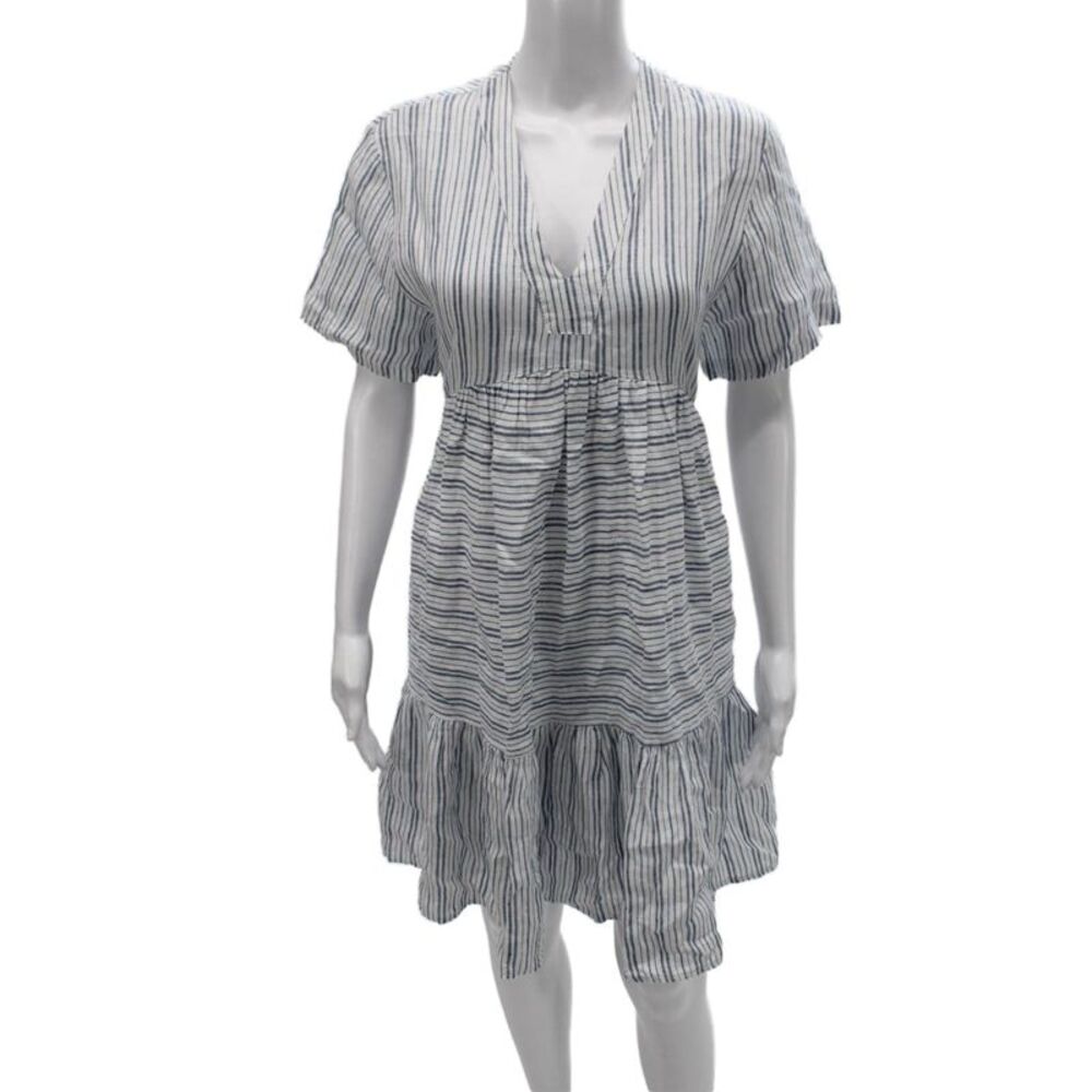 9 Seed Women Blue Striped V-Neck Short Sleeve Sundress Knee Length Size S